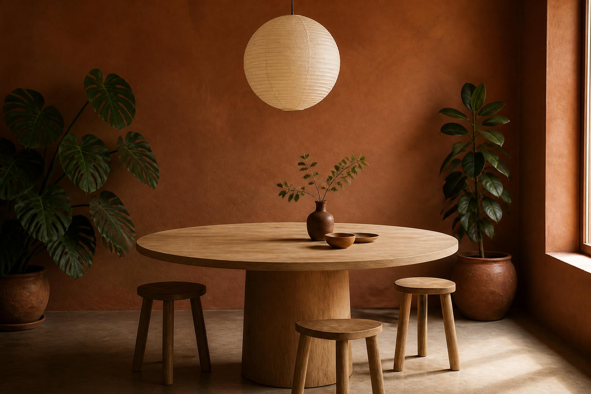 A warm terracotta room with a round wooden table and stools